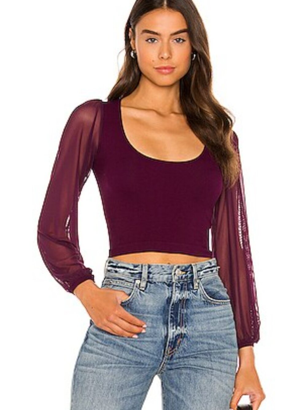 Free People Lost in Love Seamless Cami Mesh Sleeves Raisin M/L NWT